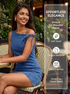 American Shoulder Cut Denim Bodycon Dress, Asymmetrical Neck Tie Slim Fit One-Step Skirt, Fashion Sleeveless Short Dress, Womenswear