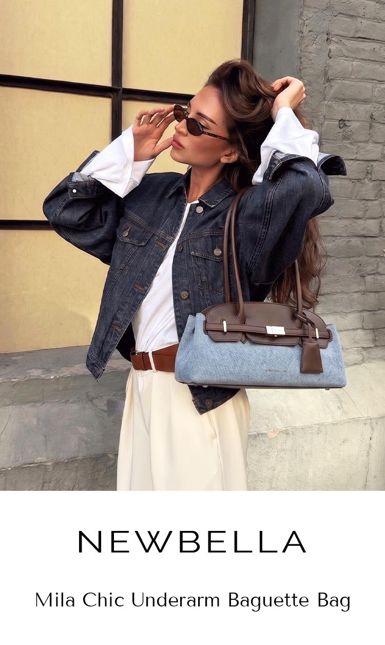 NEWBELLA Mila Baguette Underarm Bag,Y2K Retro Lock Denim Spliced PU Leather Shoulder Purse, Aesthetic Vintage Handbag