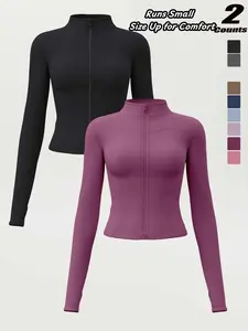 Women's High Elastic Stand Collar Thumb Hole Slim Fit Yoga Top, Breathable Long Sleeve Running Jacket, Spring & Fall Sportswear, S-Xxxl Sizes，“Size Up for a Better Fit”