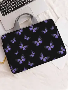 Black Butterfly Print Laptop Sleeve Bag, 13-15 Inch Protective Case with Purple Butterfly Pattern and Silver Zipper, Lightweight Portable Carrying Bag for Women
