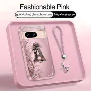 Crown Floral Art 26 letter Phone Case, Suitable for [Google Pixel 8] high-end women's, Lanyard a beautiful four-leaf clover lanyard is included🍀 952