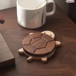 Turtle Wooden Coaster, Cute Aesthetic Coffee Cup Holder for Desk & Dining Table, Heat Resistant Solid Wood Drink Mat for Cottagecore Kitchen & Cozy Room Decor