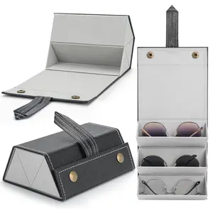 Travel Sunglasses Organizer  Portable 3-slot Foldable Eyeglass Case Hanging Pu Leather Storage Box For