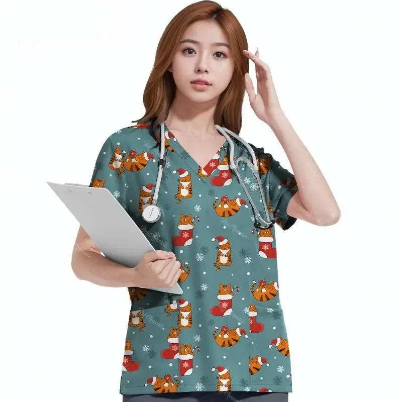 Nurse Christmas Uniform Women Print Blouse Short Sleeve V-neck Tops Working Uniform Medical Nursing Blouse Workers Workwear New
