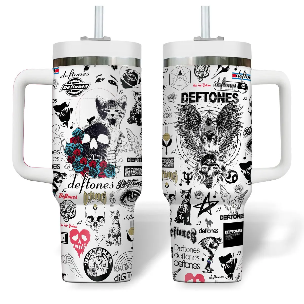 Deftones Inspired 40oz Tumbler with Handle, Alternative Metal Music Aesthetic Cup, White Pony Album Theme Travel Mug, 90s Rock Band Fan Gift, Dark Moody Vibes Stainless Steel Tumbler, Reusable Hot Cold Drinkware