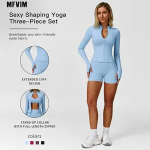 Women's Solid Crop Jacket & Backless Bra & High Waist Shorts Tracksuit Set by MFVIM - Casual Sporty Breathable Comfortable Activewear for Yoga, Gym, Workouts, Running, Ladies' Sports Apparel for All Seasons