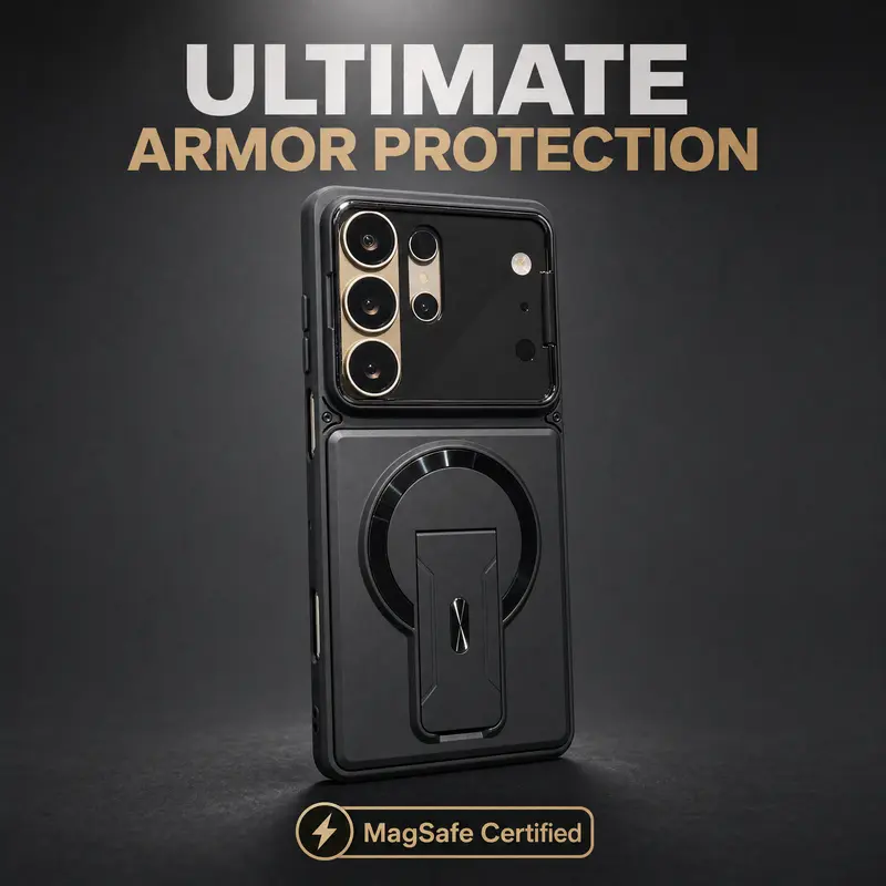 NganGee Oil-Free Matte TPU-PC Phone Case, MagSafe-Compatible Shockproof Cover with Magnetic Metal Kickstand & Foldable Landscape Accessory for Samsung Galaxy S26 S25 S24 S23 A16 A17 A36 A37 & Other Compatible Models #XYYJFGFSYXZJCXKORANGE