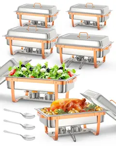 9L Stainless Steel Chafing Dish Set of 6, Gold Rectangle Buffet Food Warmers with Pans, Lids & Fuel Holders, Catering Chafer for Wedding, Banquet, Party Buffet Service
