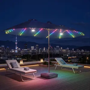 15FT Large Outdoor Patio Umbrella With LED Lighted, Rectangular Market Table Sun Parasol Umbrella with Base, Crank, Steel Ribs and Pole for Garden, Backyard,Sand, Pool