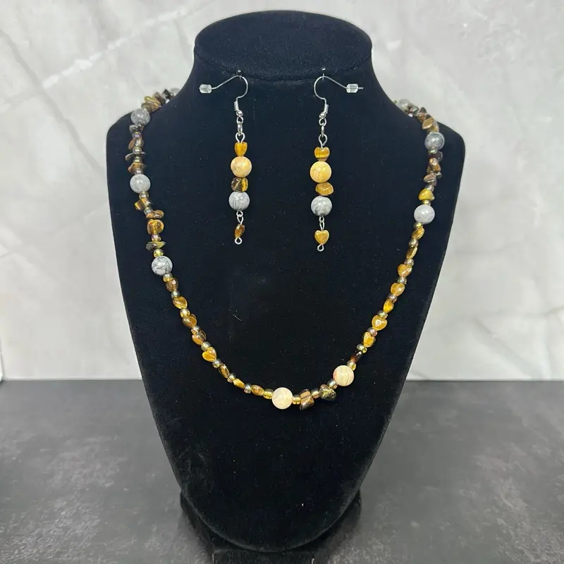 Handmade Tiger Eye, Yellow Agate & Gray Jasper Necklace and Earrings Set