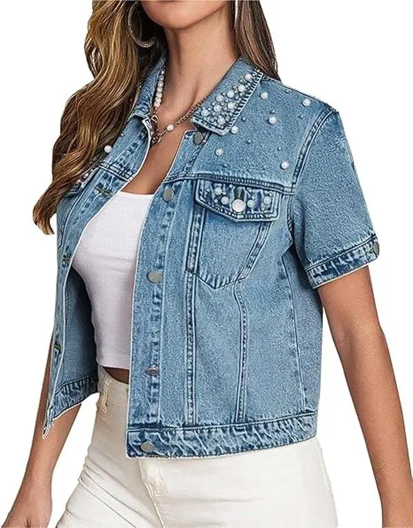 LifeShe Women's Pearls Denim Jacket Casual Short Sleeve Cropped Jean Jackets Coats Elegant Fashion