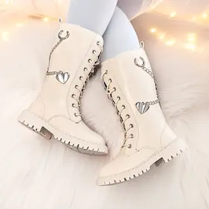 [Stylish Girls' Boots] Black Diamond Pattern Girls' High Boots with Side Zipper & Chain Decor |     Rubber Sole, Sizes 10.5-5, Stylish British-Inspired, Perfect for Fall/Winter Princess Look