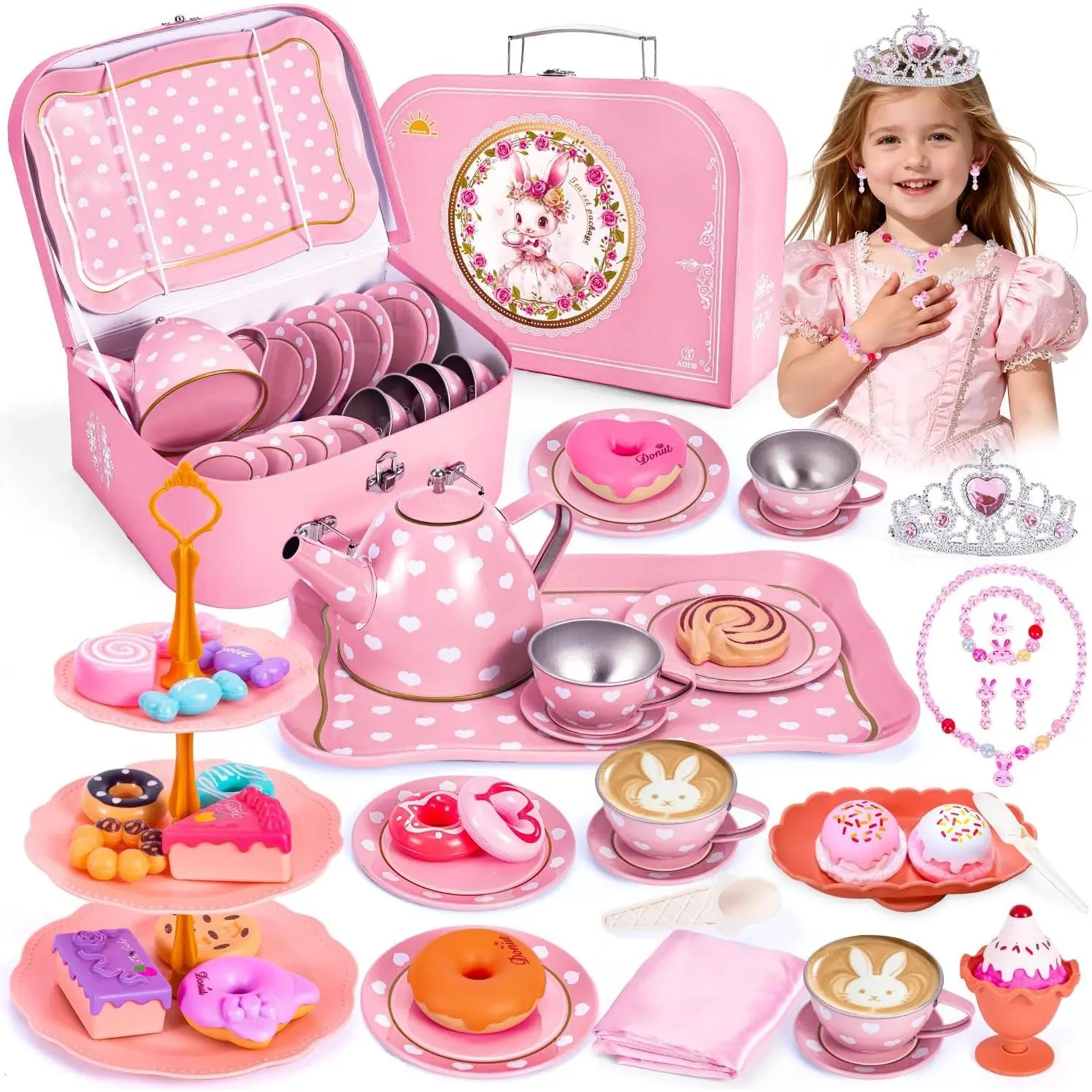 Tea Party Set for Little Girls, Princess Tea Time Toy for Toddler, Tin Tea Set Include Tea Cups Teapot Dessert Kitchen Pretend Play with Carrying Case, Easter Birthday Gift for Kids Age 3-8