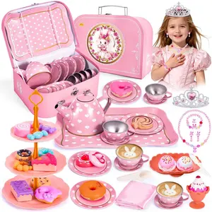Tea Party Set for Little Girls, Princess Tea Time Toy for Toddler, Tin Tea Set Include Tea Cups Teapot Dessert Kitchen Pretend Play with Carrying Case, Easter Birthday Gift for Kids Age 3-8