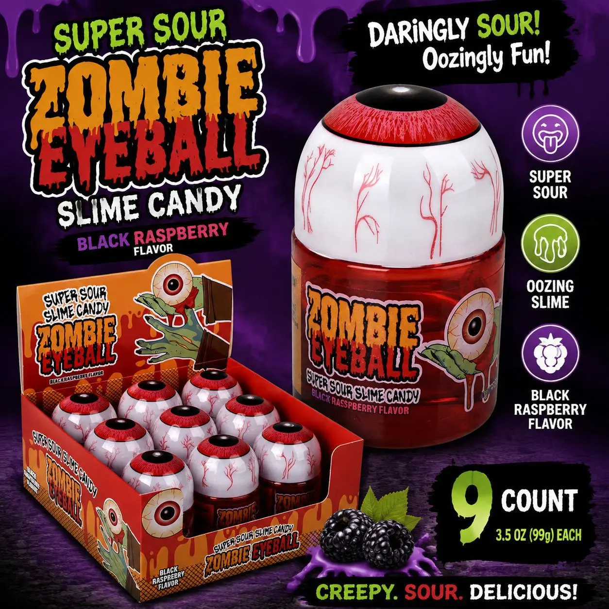 Boston America Sour Zombie Eyeball Slime Candies - Black Raspberry Flavor, 3.5 oz, 9 ct Sweet Treat