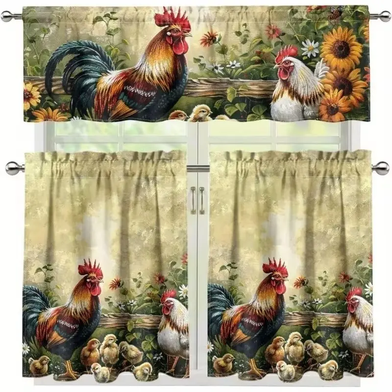 3 pieces of American country farm-style curtains with chicken and hen printed patterns. Suitable for kitchen, dining room, American country-style guesthouses and other home decorations. Easy to clean and won't deform. Window Drapes