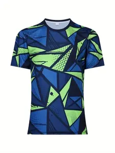 High Performance Men's Soccer Training Jersey, Breathable Polyester Fiber, Round Neck, Geometric Design, Casual Short Sleeve Shirt