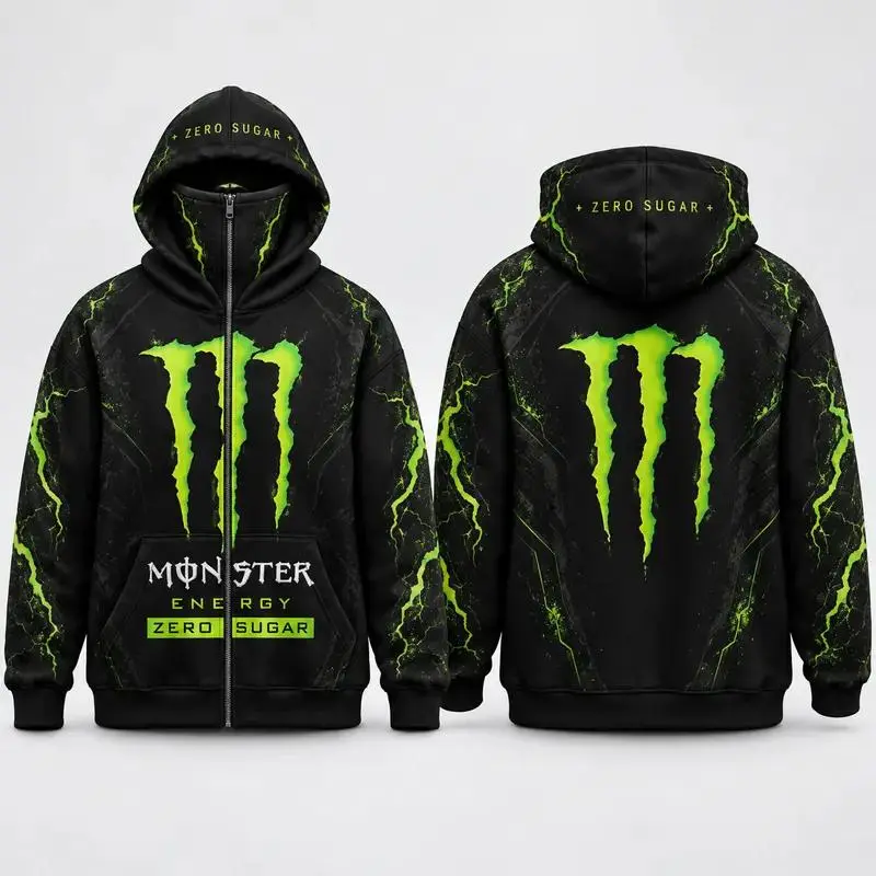 Monster Energy Drink Full Zip Balaclava Hoodie, Black Green Lightning Graphic Zip Up Sweatshirt, Unisex Y2K Streetwear Jacket