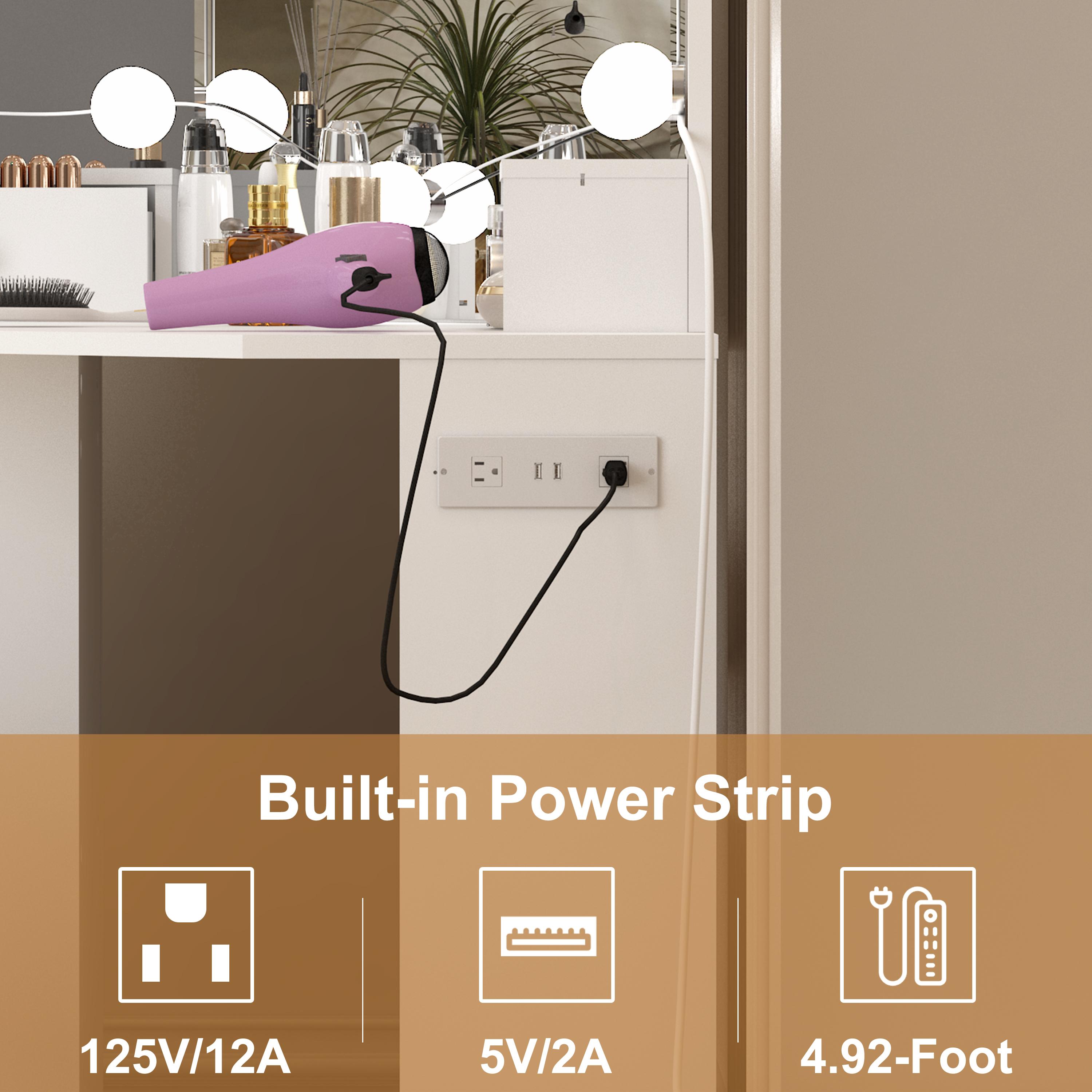 Corner Makeup Vanity Desk with LED Lighted Mirror & Power Outlet, Vanity Table Set with 2 Drawers & Stool, 3 Color Lighting Modes White Vanity for Bedroom