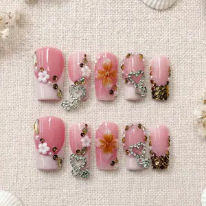 Divineluxe Nails｜10PCS 100% Handmade Press-On Nails｜Reusable Colorful Art Acrylic Stylish｜Luxury Rhinestone Floral｜D145 1.0 Inch