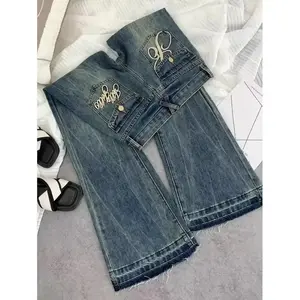 American retro low-waisted jeans female autumn new embroidery old casual fashion temperament slim Joker bell bottoms.