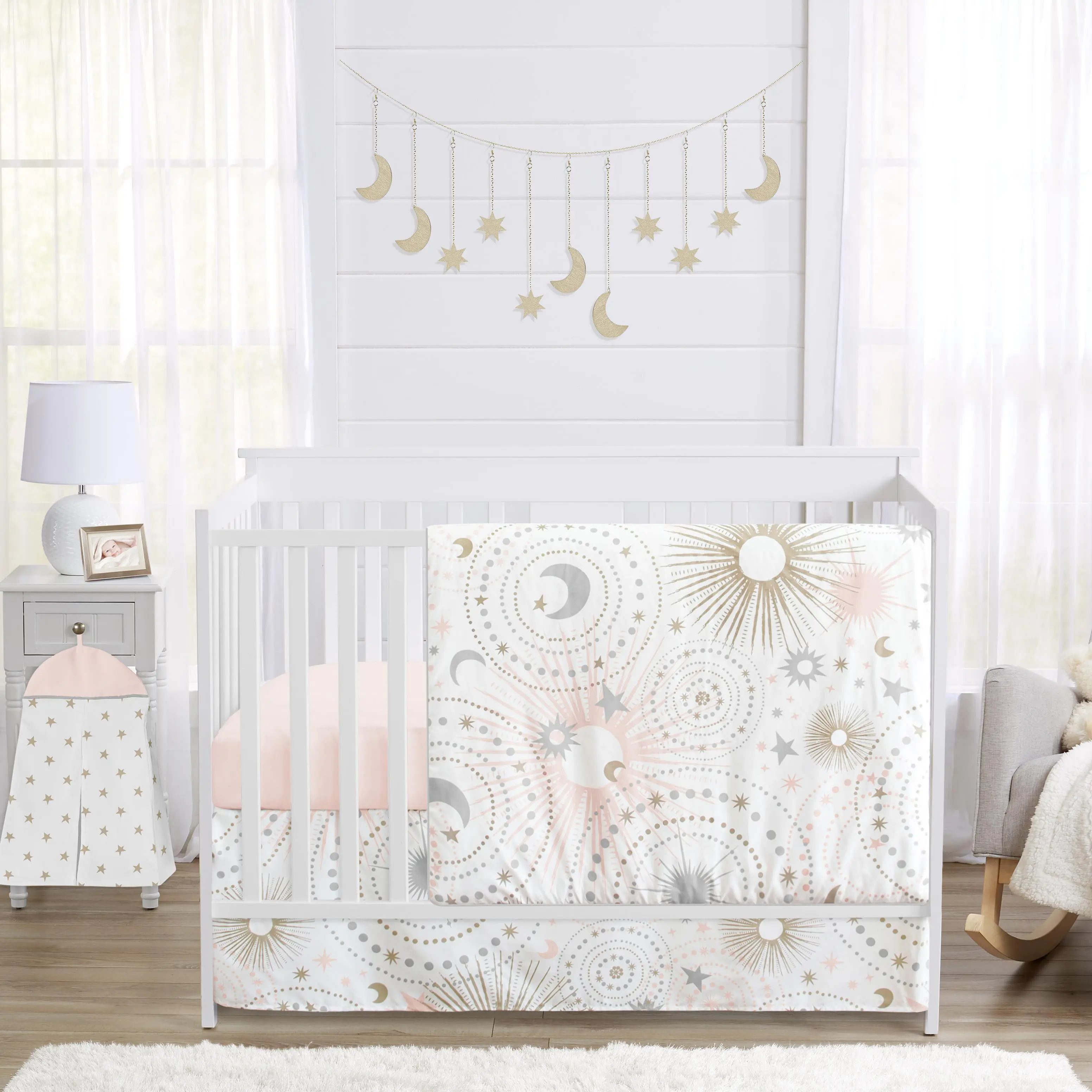 Sweet Jojo Designs 5-Piece Baby Crib Bedding Set (Star and Moon) for Girls, Infants/Nursery incl. Blanket, Fitted Sheet and Crib Skirt (Shabby Chic Stars, Celestial Sky, Outer Space, Blush Pink, Gold)