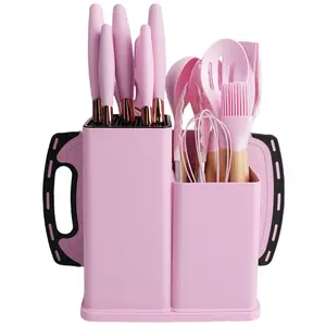 19-Piece Kitchen Knife Set with Heat-Resistant Silicone Cutlery & Wooden Handles - Includes Chef Knife, Non-Stick Compatible Tools, Easy to Clean - Ideal Gift for Women on New Year, Valentine's Day and More Cookware non stick pots and pans Stylish