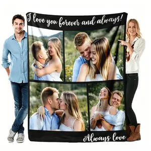 Personalized Couple Blanket Lightweight Air Conditioning, Grid Photo Collage With I Love You Forever And Always Flannel Throw, Birthday Valentine's Gift For Girlfriend Boyfriend