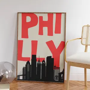 Vintage Philadelphia Wall Art – Retro Philly Print, Minimalist City Poster, Red Skyline Artwork, Printable Travel Decor | 5 Sizes (8x12–27x40 inch), Room Decor, Unframed