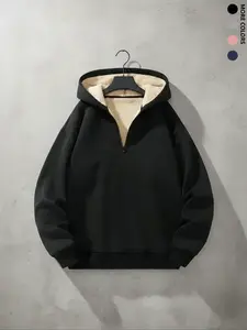 Men's Solid Thermal Lined Half Zip Knit Hoodie, Casual Classic Regular Fit Long Sleeve Hooded Sweatshirt for Fall, Men's Clothes for Daily Wear Fitted