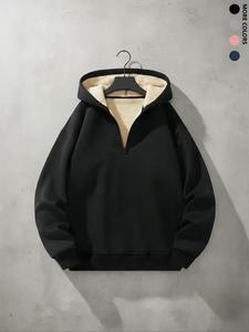 men's solid thermal lined half zip hoodie, casual regular fit long sleeve hooded sweatshirt for fall, men's clothes for daily wear