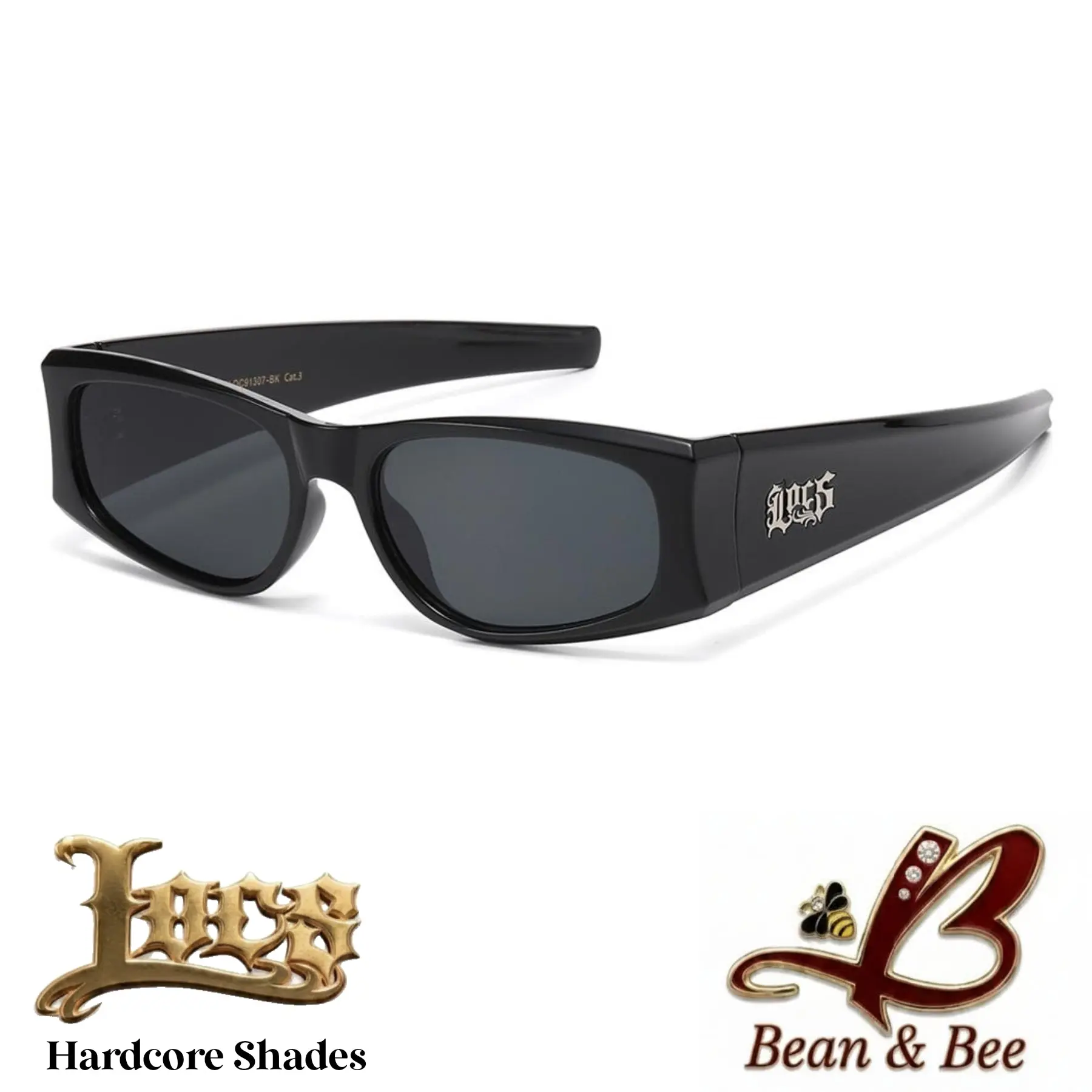 LOCS Switchblade Slims Original West Coast Lowrider Sunglasses High Gloss Hardline Black Oval Frames with Silver Gothic Signature Logo| Dark Black Out Shades | Heavy Duty West Coast Island Style UV400 91307