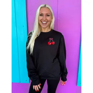 Cherry Bow Embroidered Black Sweatshirt