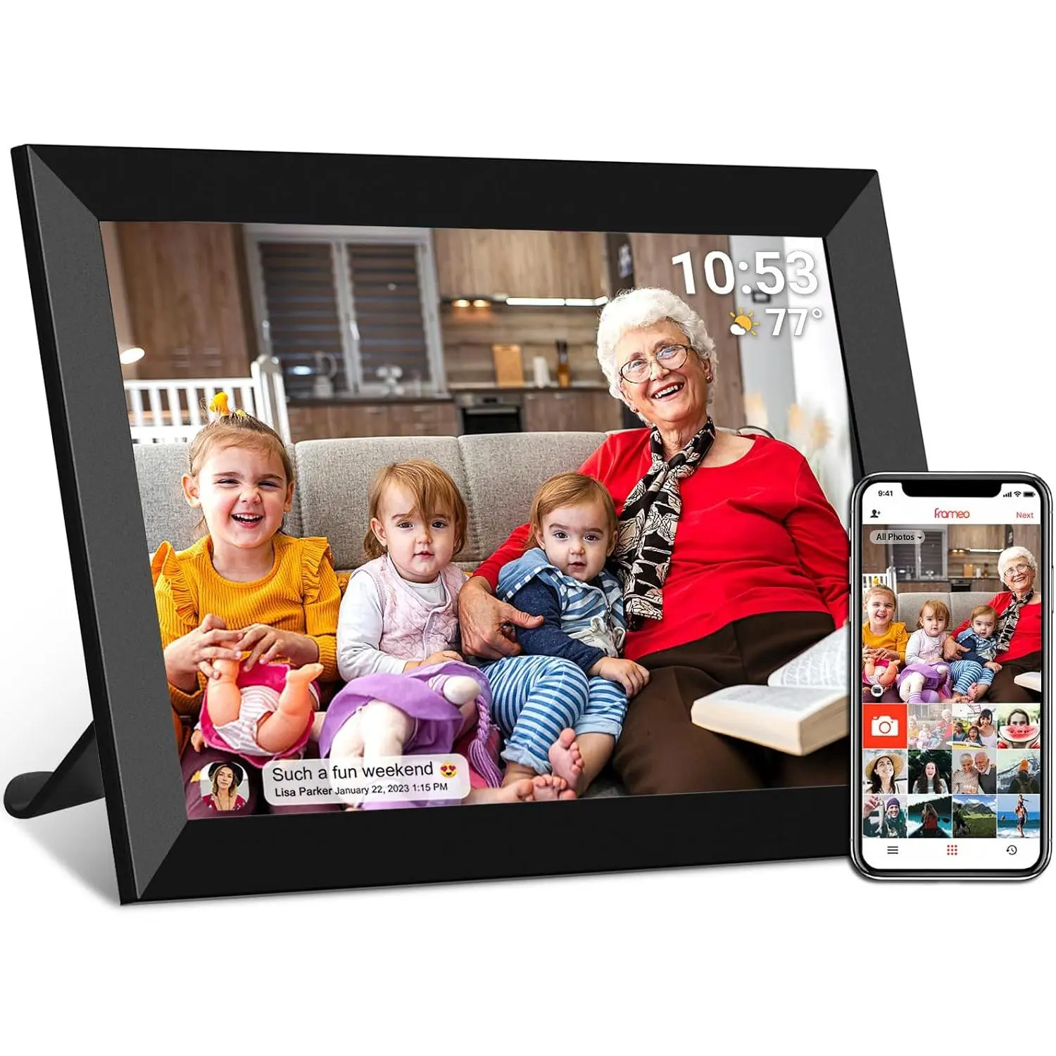 FRAMEO 10.1in 32GB Plastic Tabletop Digital Picture Frame, IPS LCD Touchscreen, Auto Rotate, Easy Setup for Remote Photo & Video Sharing via Frameo, Gift for Parents