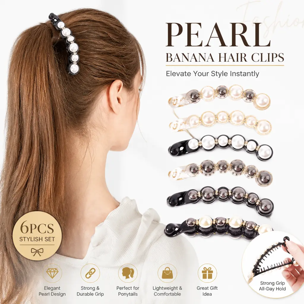 6pcs Pearl Hair Clips Set - 4.1in Medium Size Banana Shape Pearl Claw Clips, Elegant Rhinestone Barrettes & Classic Ponytail Holders, Secure Grip, Less Damage, No Headaches for All Hair Types, Ideal for Moms (Multiple Colors), Pearl Claw Clip, 4.1 Inches
