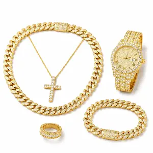 “Men’s Gold Iced Out Jewelry Set – Bling Watch, Cuban Bracelet, Crystal Cross Necklace & Ring – Hip Hop Streetwear Gift”