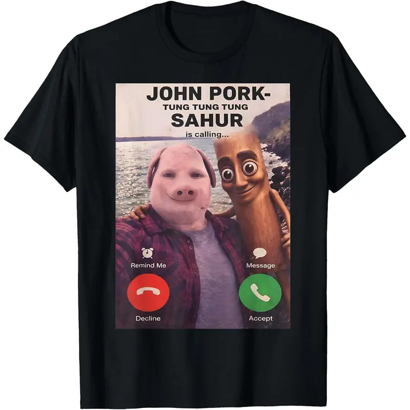 John Pork Calling Brainrot Meme T-Shirt, Unisex Short Sleeve Graphic Crewneck in Soft, Smooth 100% Cotton