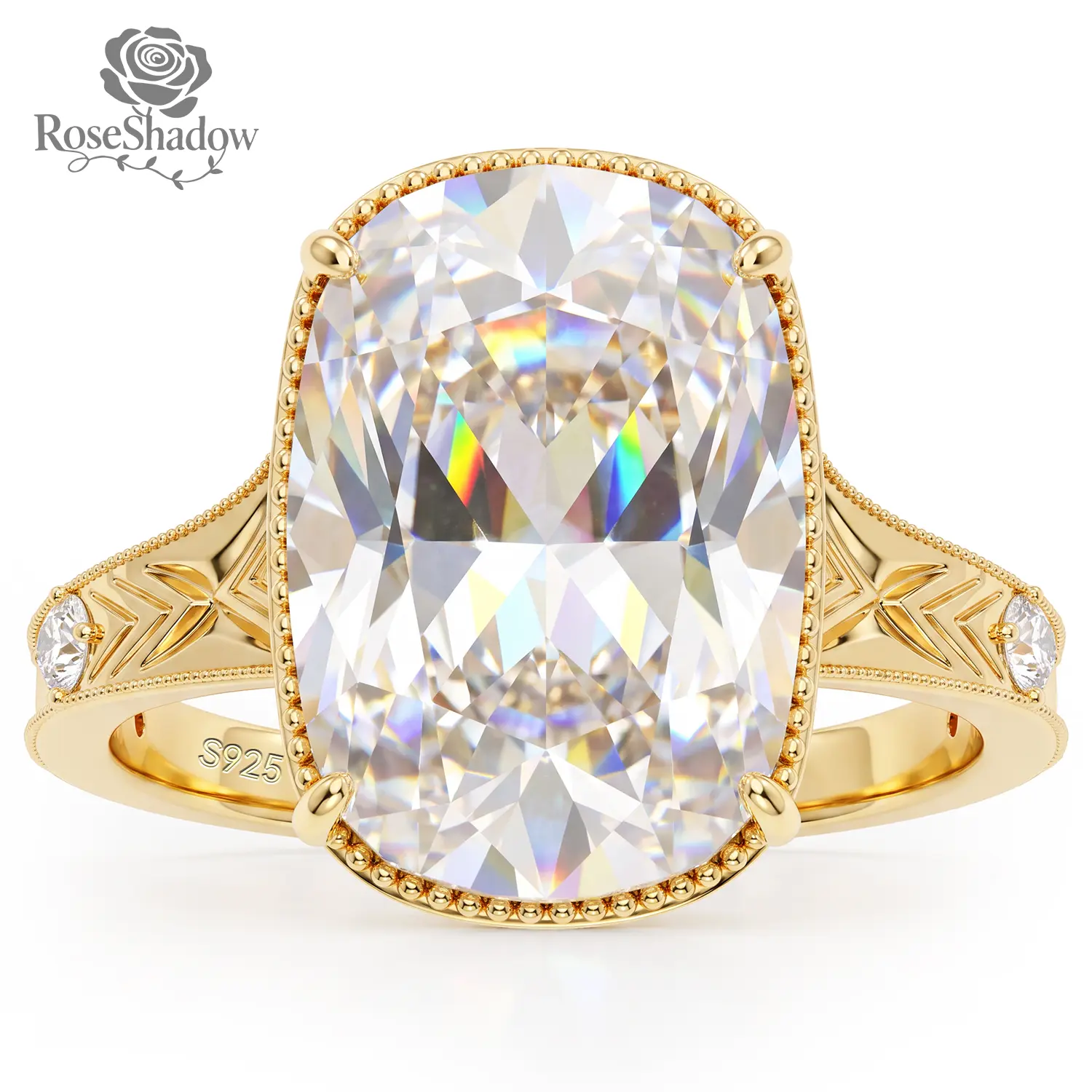 ROSESHADOW 10CT Cushion Radiant Cut Cubic Zirconia Wedding Ring Vintage Style 14K Gold 925 Sterling Silver Anniversary Promise Gift for Her