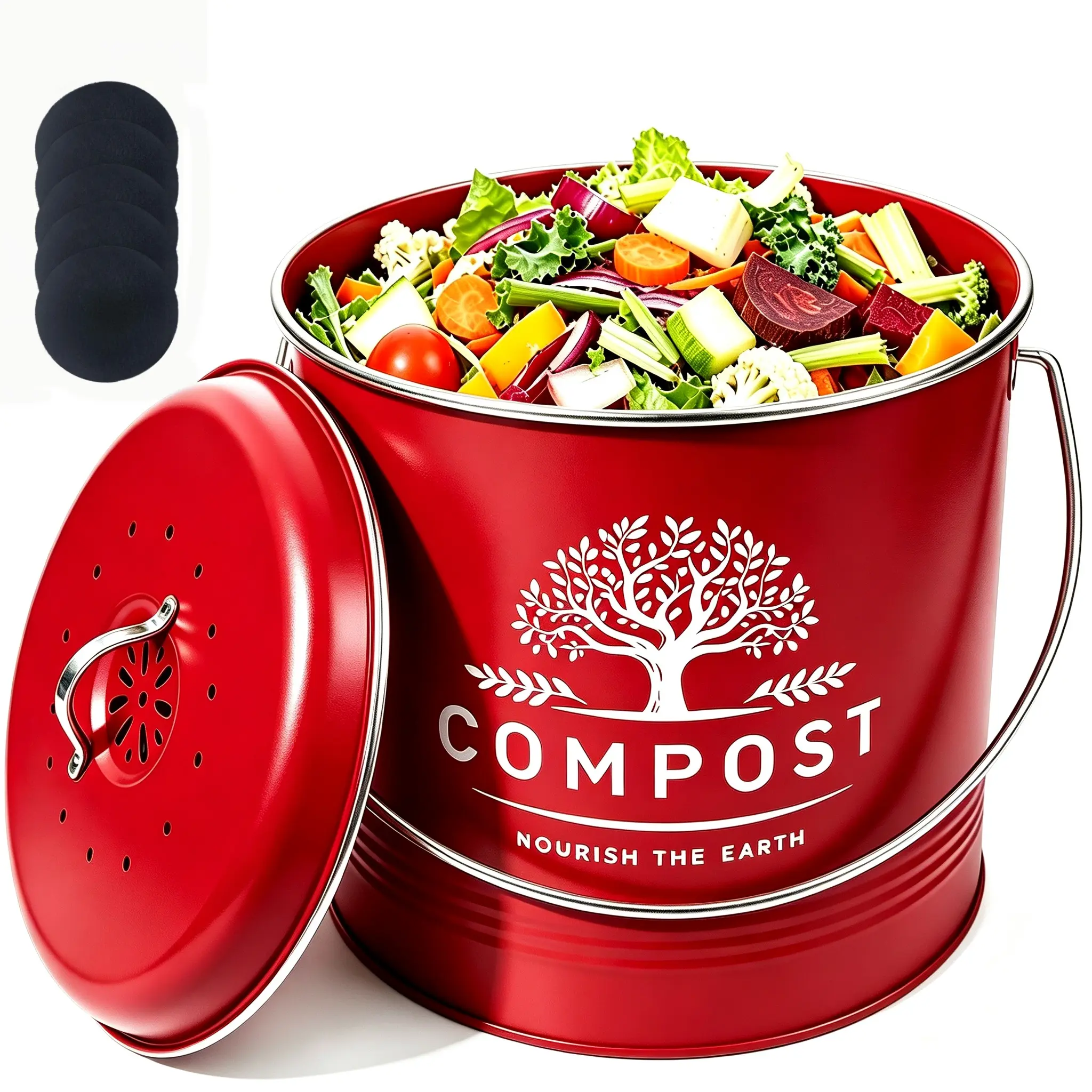 Compost Bucket - White Enamelware with Tree Design, 10 Quart Capacity, Includes Lid and Black Handle, Nourish the Earth
