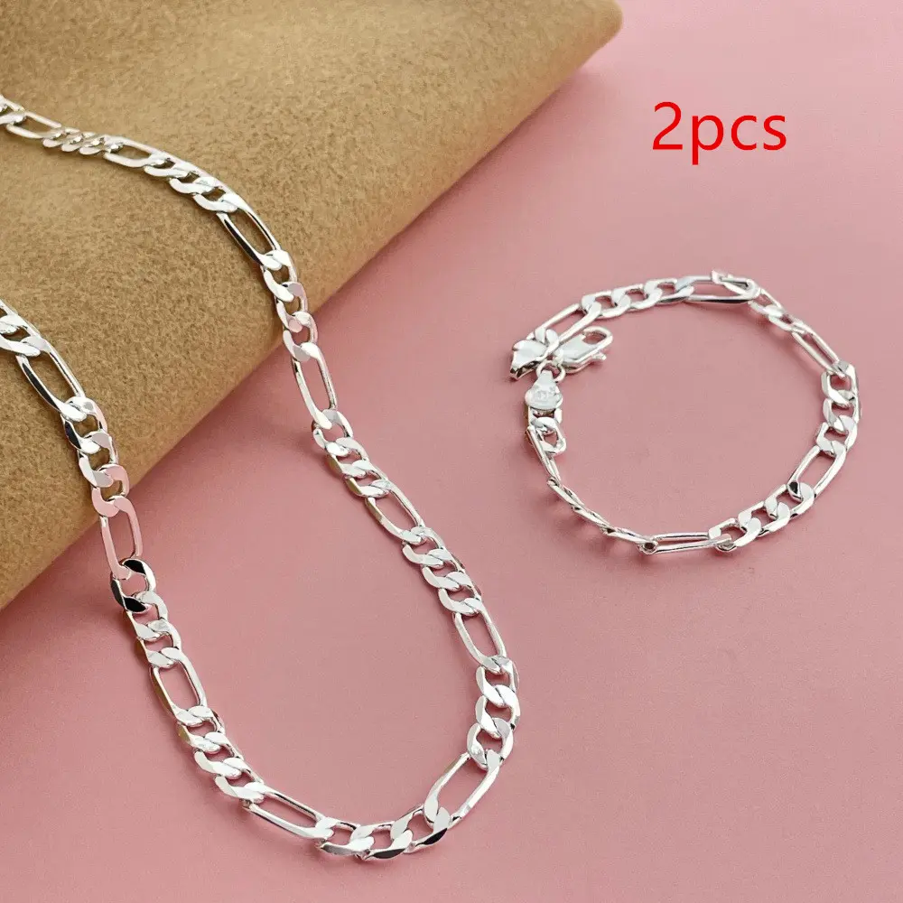 Adults' Elegant 925 Sterling Silver-Plated 6mm Triple Figaro Cuban Link Jewelry Set, Hypoallergenic for Sensitive Skin, Tarnish-Resistant, Stone-Free Unisex Party Wear Accessory, 8In Bracelet + 20In Necklace, 8In+20In(Bracelet + Necklace)