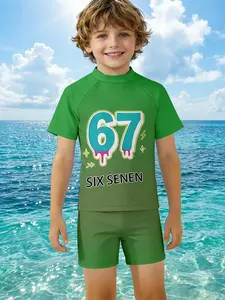 Trendy Playful Style Kids Swimming Set, Capybara Drinking Bubble Tea Print Beach Vacation Quick Dry Swimwear