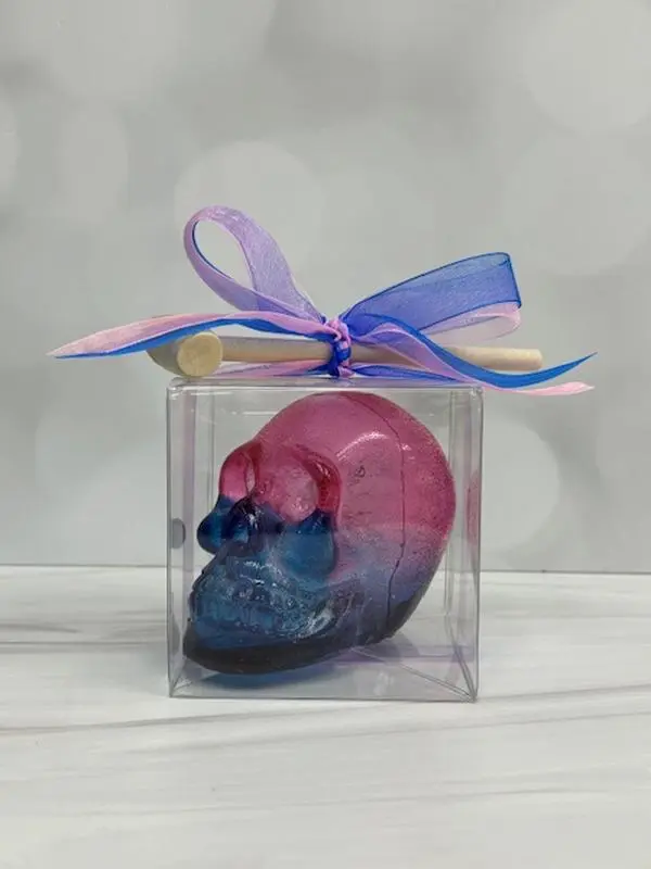Hollow Hard Candy Skull and wooden mallet - Cotton Candy Flavor Skull filled with gummy brains Hollow Hard Candy Skull and wooden mallet - Cotton Candy Flavor Skull filled with gummy brains
