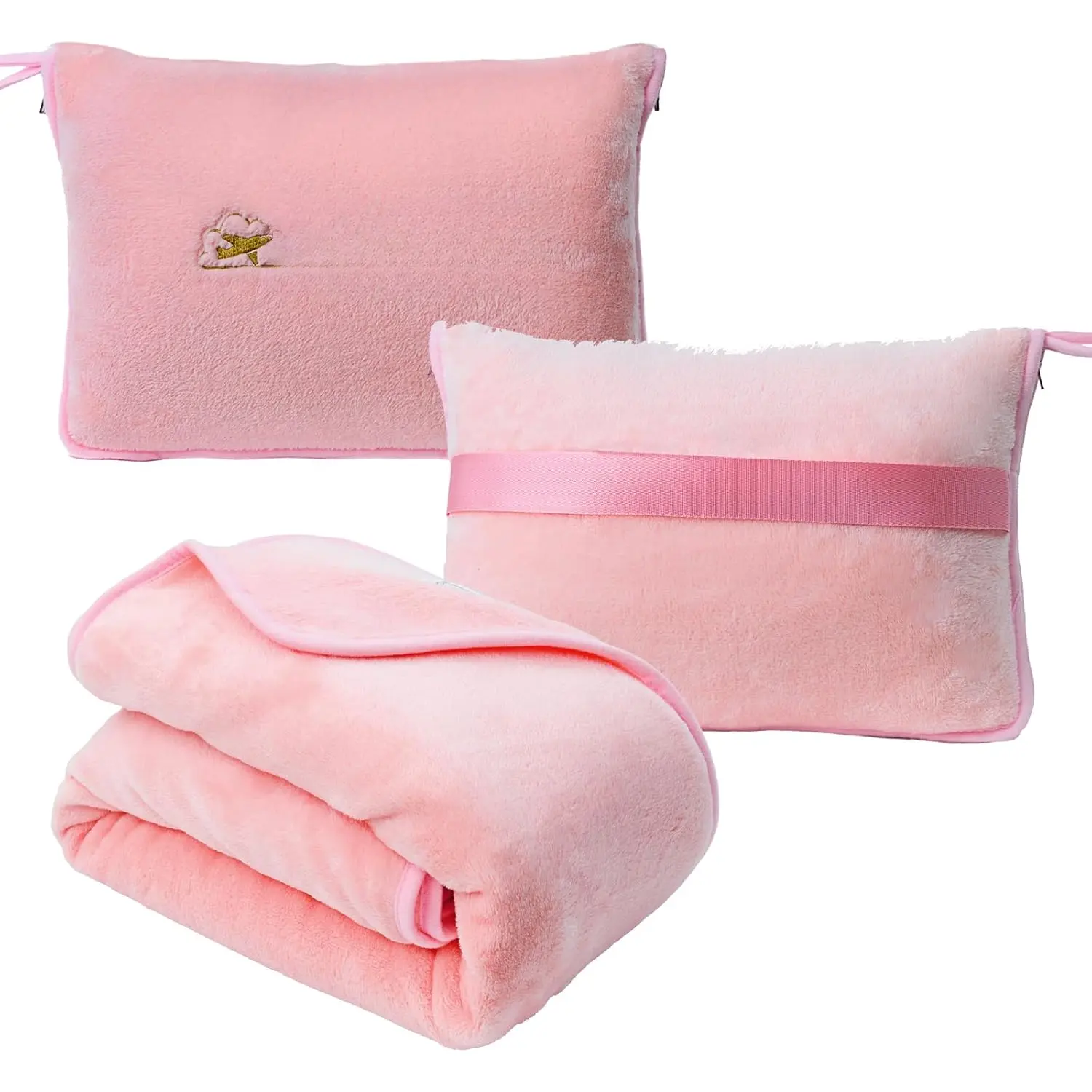 Travel Cooling Blanket and Pillow- Soft 2 in 1 Airplane Compact Flight Essentials  Pillow Travelers Gifts Accessories Compact Pack Blanket for Any Travel with Luggage Backpack Strap,Pink