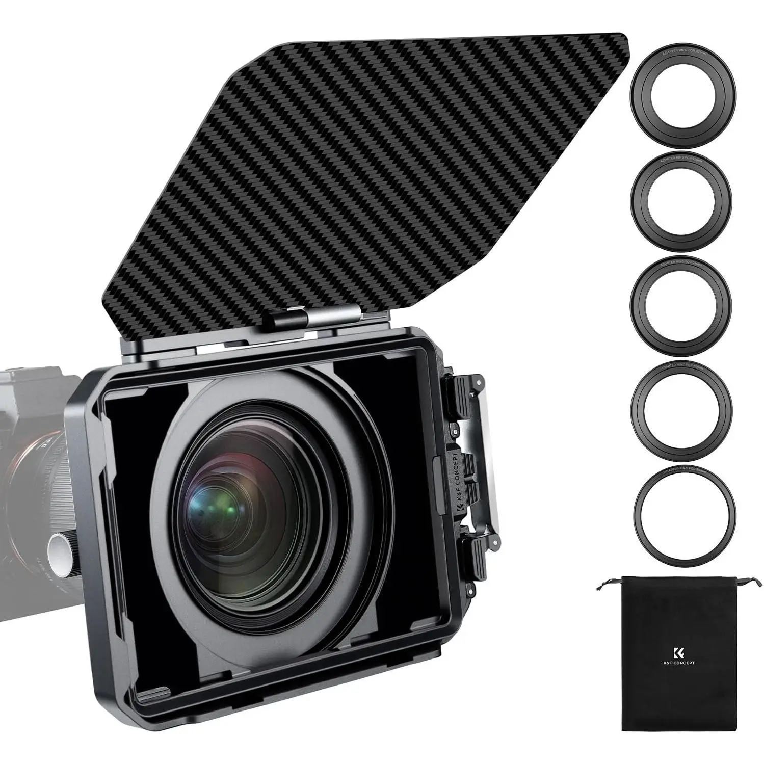【K&F CONCEPT】Matte Box, DSLR Camera Matte Box with Carbon Fiber Top Flag, with 67/72/77/82/95mm Adapter Rings for 4x5.65 ND UV Filter/Circular Filter