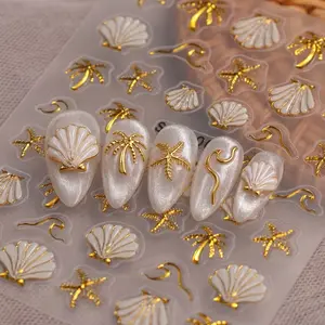 5D Shell Pearl Pearlescent Glitter Nail Art Sticker, Coconut Tree Shell Water Drop Starburst Design Nail Decals, DIY Nail Decoration, Textured Finish