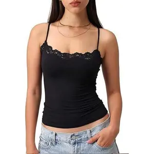 Women's Padded Lace Cami Top Double Lined Sexy Tank Top Spaghetti Strap Club Party Shirt
