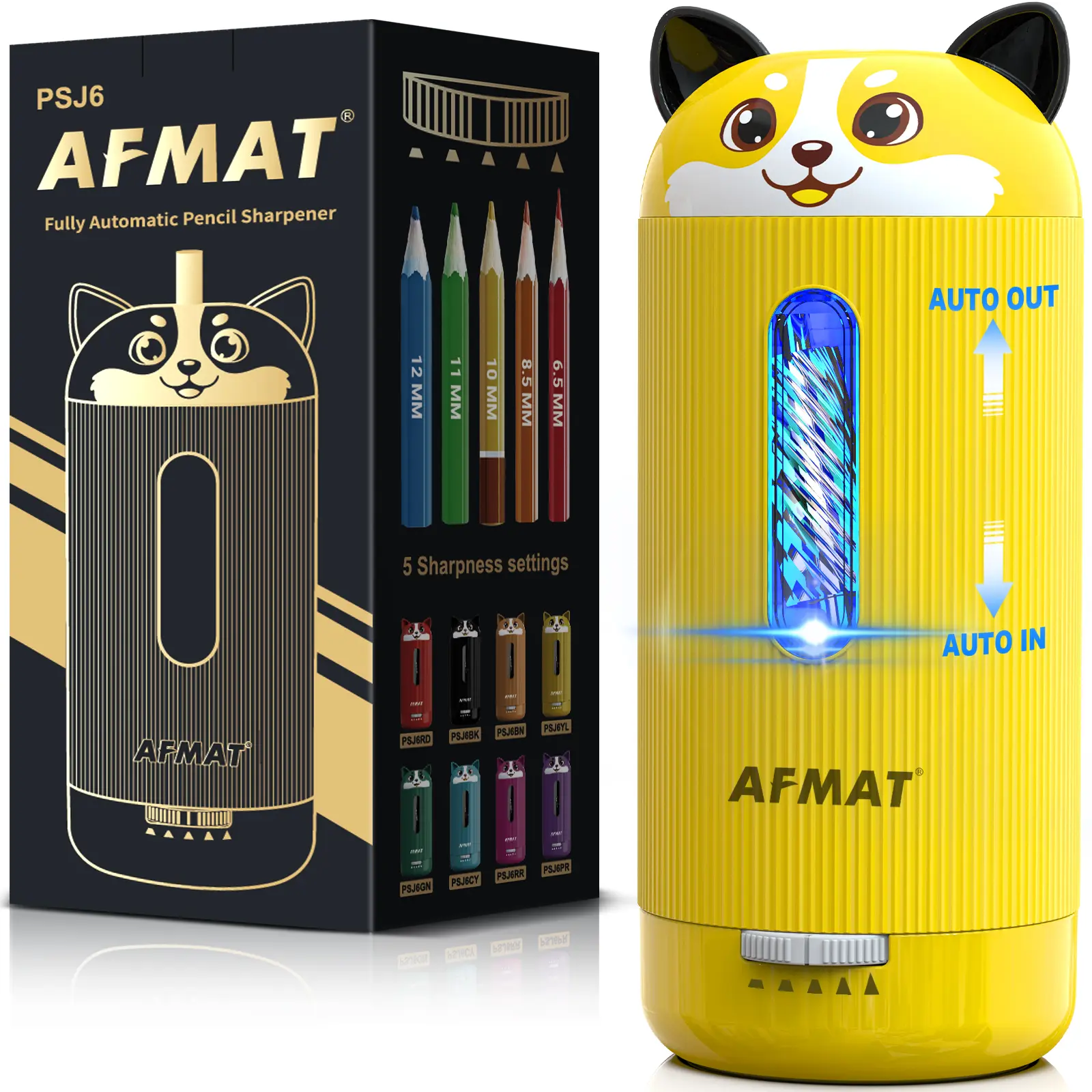 AFMAT Cute Corgi Fully Automatic Pencil Sharpener for Stationery Fans, Rechargeable Electric Compact Desk Helper with Auto Feed & Eject, 5 Sharpness Settings, Fits Most Pencils (6.5-12mm, 7-11.5mm), Great Back-to-School Gift