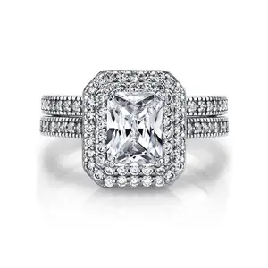 Womens 2 Carat Emerald-cut Sterling Silver 925 Double Halo CZ Wedding Engagement Ring Bridal Set