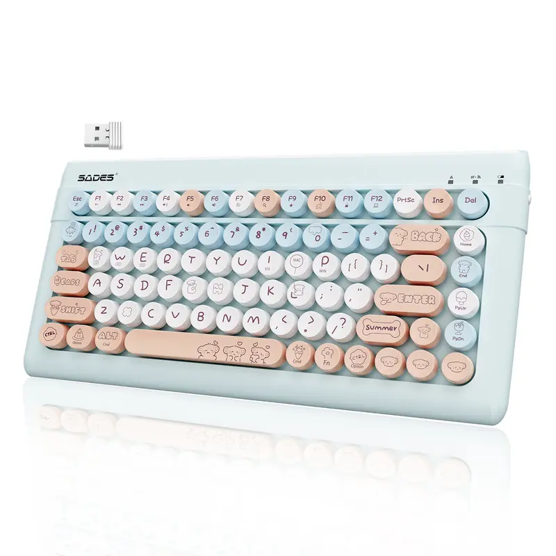 Wireless Bluetooth Keyboard for Mac, iPad, iPhone, PC, and Android—Connect Up to 3 Devices, Portable 84-Key Retro Typewriter Style, Light Blue