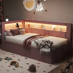 Twin Size LED Daybed with Trundle and L-Shaped Bookshelf Headboard, Linen Upholstered Soft Corner Bed with Storage Shelves, Charging Station and LED Belt
